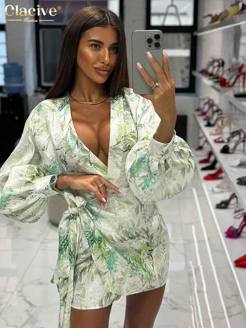Clacive Sexy Loose Print Women's Dress 2024 Fashion V-Neck Puff Sleeve Mini Dresses Elegant Classic Lace-Up Dress Female Clothes