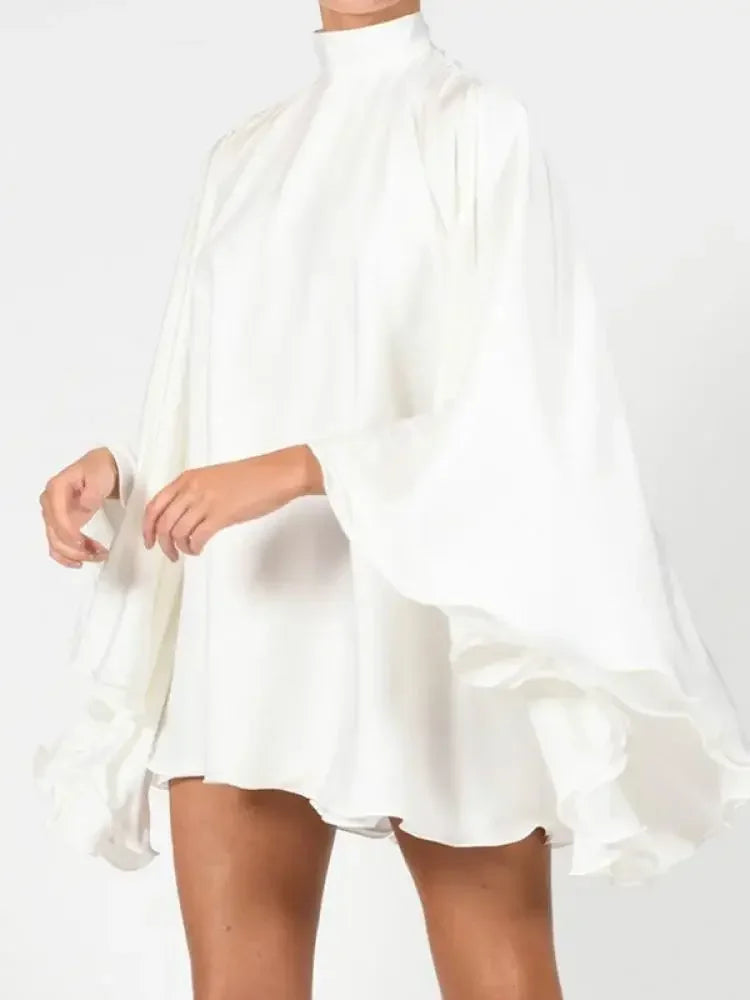 Modigirl Women's White Turtleneck Long Ruffled Sleeves Backless Dress 2025 Summer Spring New Elegant Party Mini Dress Woman