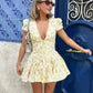 Oligai Fashion Summer Dresses 2024 Yellow Flower Print Party Dresses Elegant Puff Sleeve Birthday Holiday Dress Women's Clothing