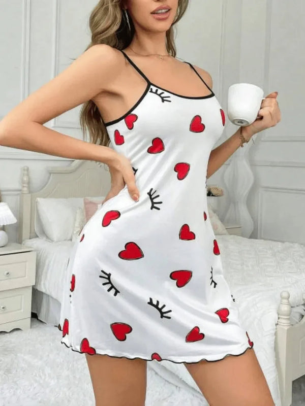 Women Sexy Lingerie Slip Nightdress Round Neck Sleep Dress Split Thigh Nighties Soft Nightgown Heart Printed Loungwear Sleepwear