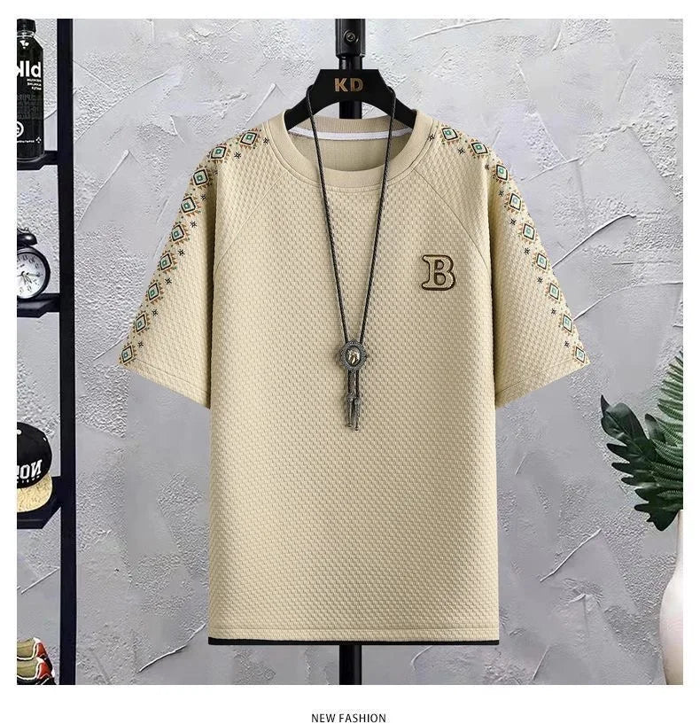 Summer New Fashion Trend Short Sleeve Shorts Ice Silk Suit Men Loose Sports Breathable Large Size High Quality Two-Piece Set