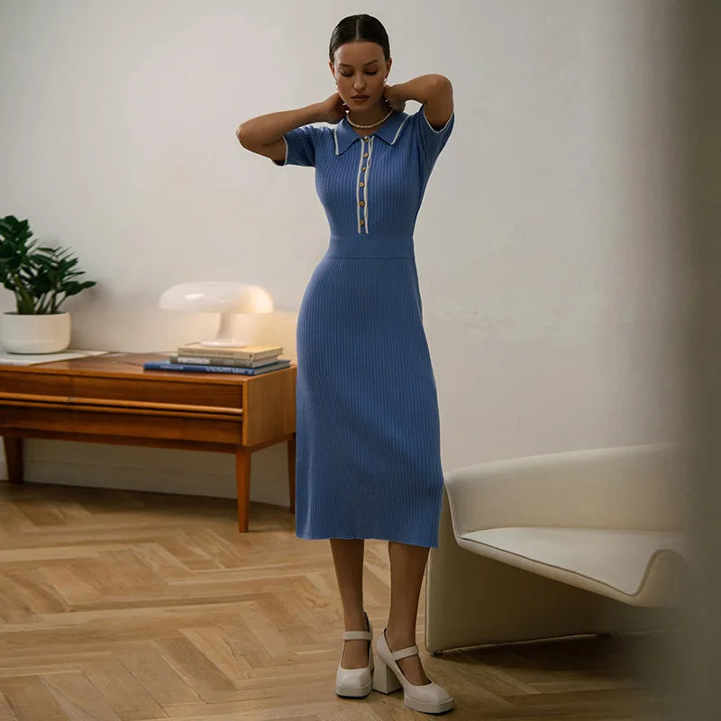 Women's White Knit Maxi Dress, Short Sleeve, Patchwork, Elegant Party Dress, Knitwear Lapel, High Street, Fashion