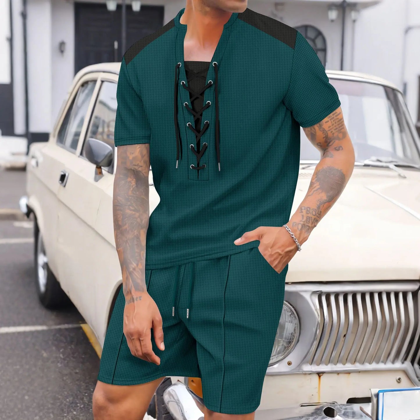 2025 summer men's new leisure fashion city wear rope round neck T trend Waffle short-sleeved shorts two-piece suit