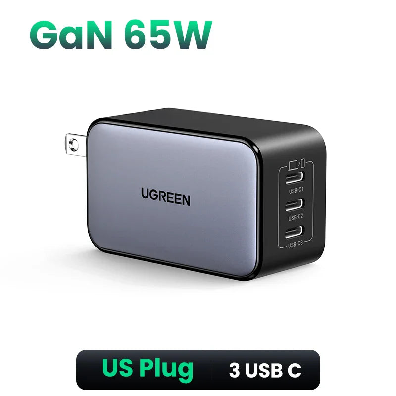 UGREEN 65W GaN зарядний пристрій 4 порти USB C швидка зарядка Quick Charge 3.0 PD 3.0 для Macbook Air, ноутбуків, планшетів, iPhone 16 15 14 Pro Max