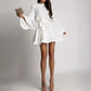 Spring Autumn Elegant Pleated Dress Women Fashion Solid Round Neck Flared Sleeve Lace-up Pleated Mini Dress Women